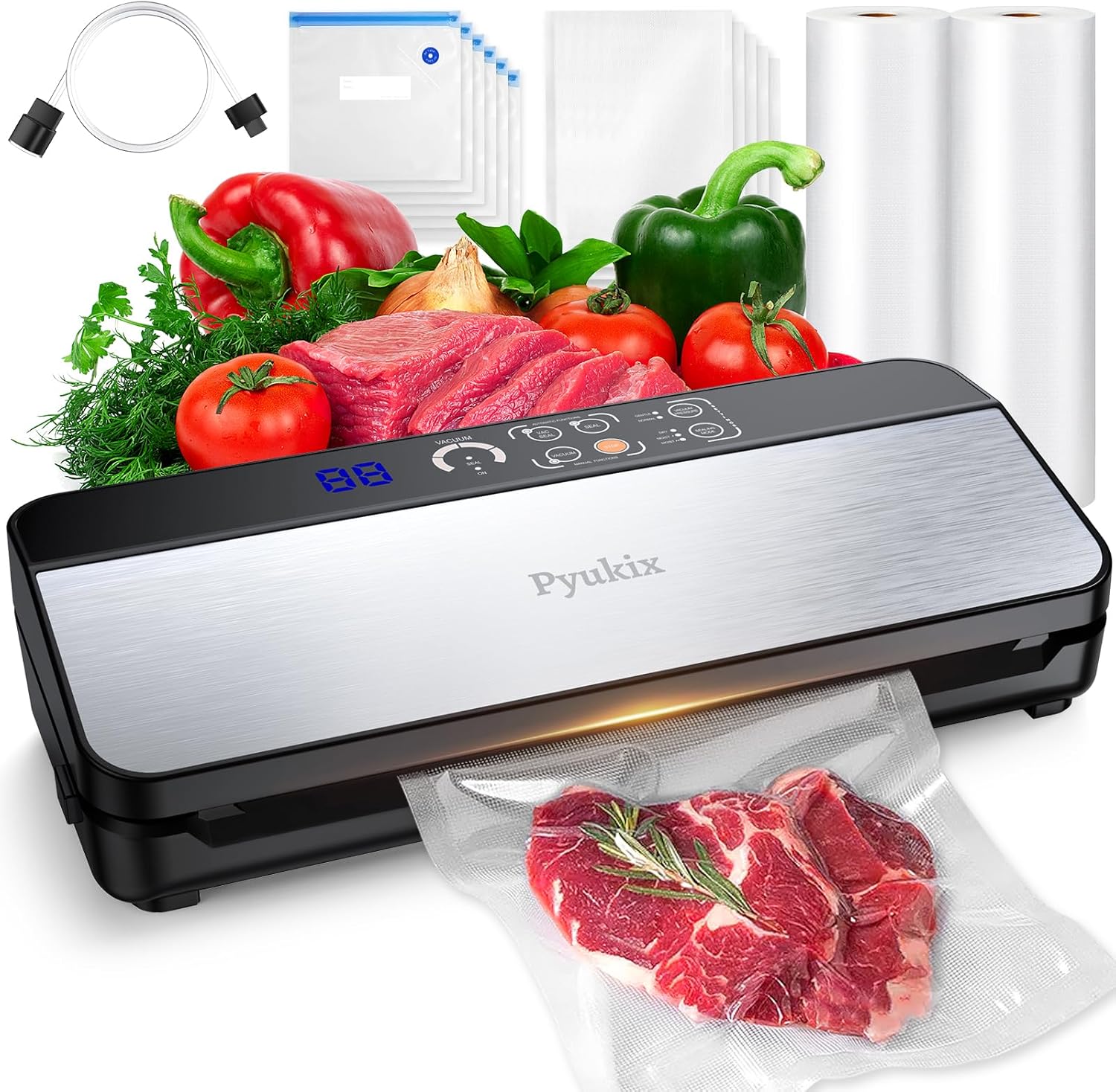 Vacuum Sealer Machine, Food Sealer Machine 80KPA Automatic 8-IN-1 for Food Saving Dry/Moist Mode with Build-in Cutter&Storage, Air Suction Hose, Digital Countdown, Bag Roll, 11 Vacuum Bags